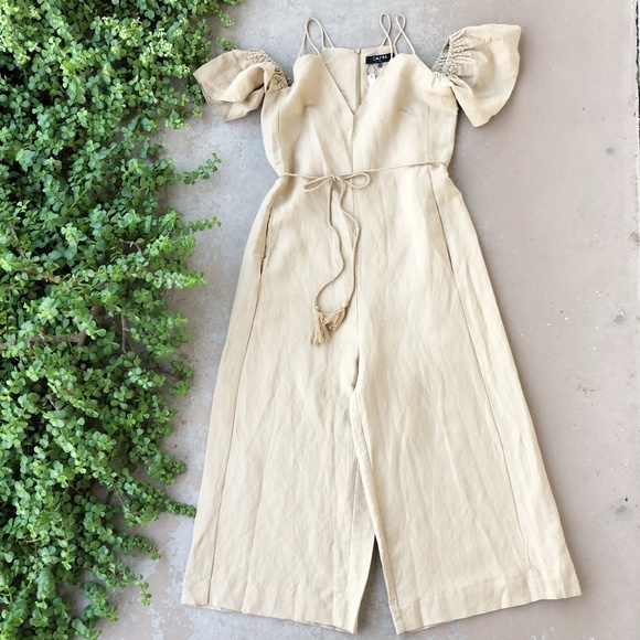 CAARA Pants - CAARA Cream Cold Shoulder Midi Jumpsuit